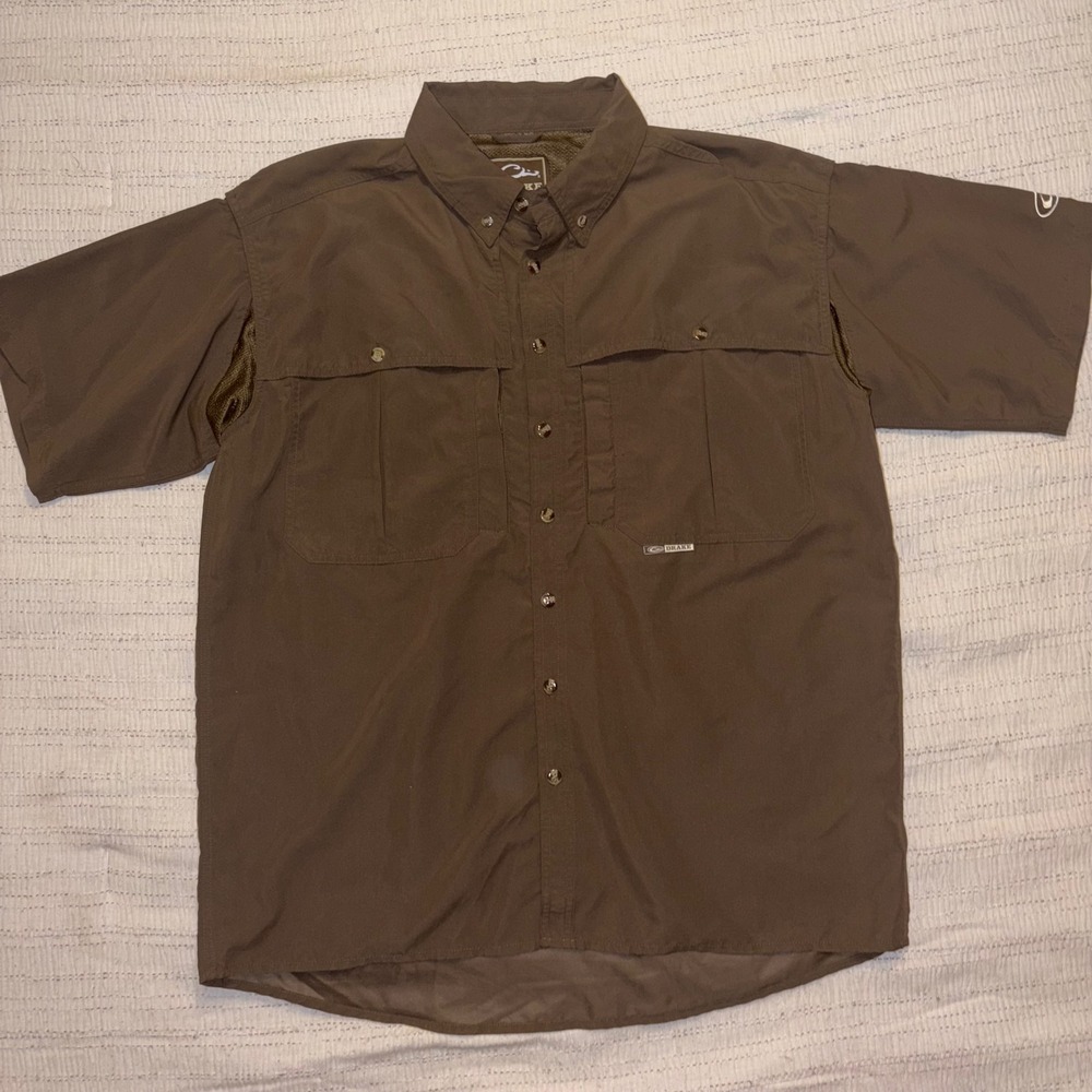 Drake Waterfowl Mens Large Brown Short Sleeve Vented Fishing Shirt Button Down